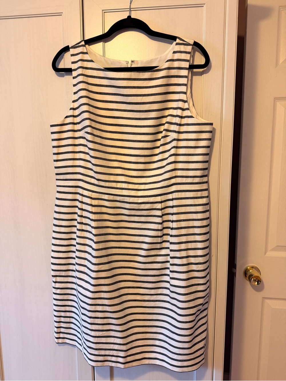 Sleeveless White Dress with Black Stripes — Midi Sheath